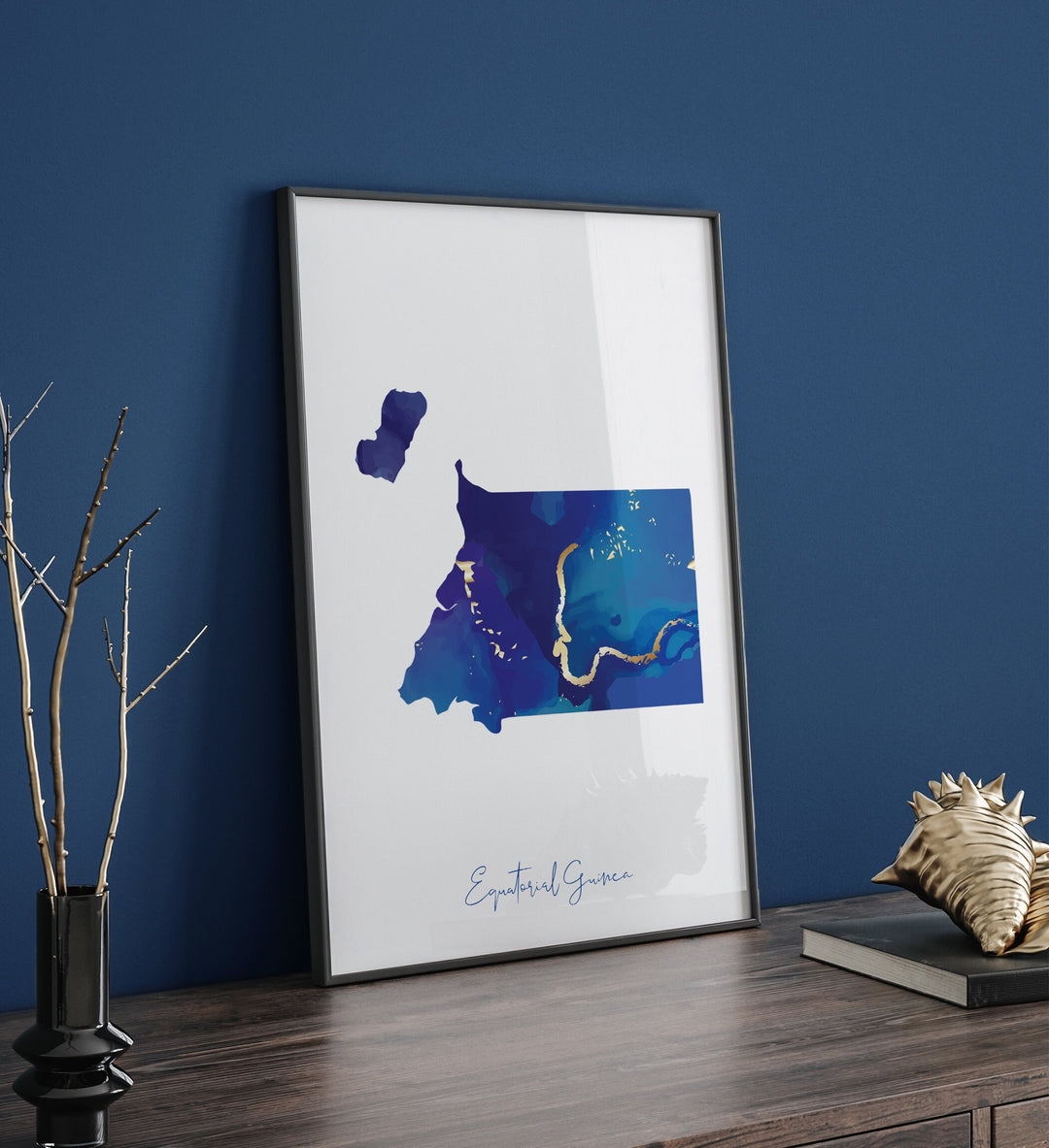 Equatorial Guinea Map Blue and Gold Wall Art Print