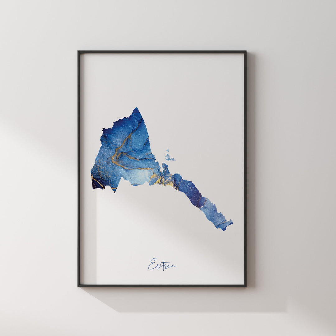 Eritrea Map Blue and Gold Wall Art Print