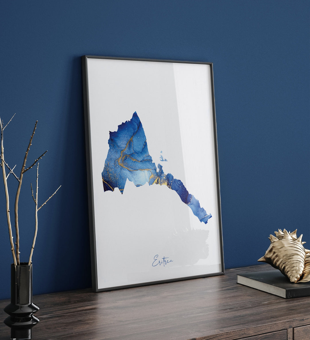 Eritrea Map Blue and Gold Wall Art Print