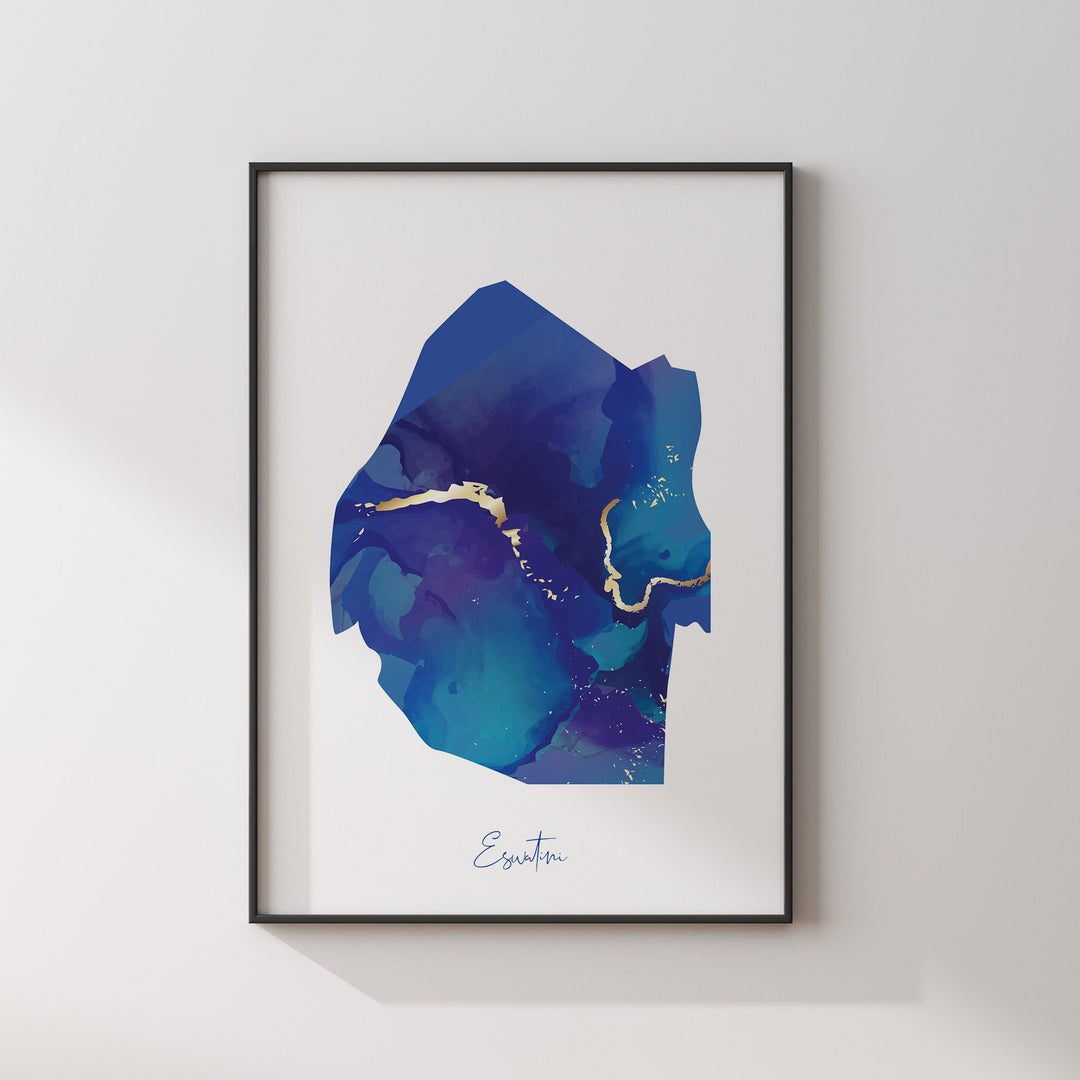 Eswatini Map Blue and Gold Wall Art Print