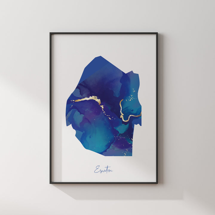 Eswatini Map Blue and Gold Wall Art Print