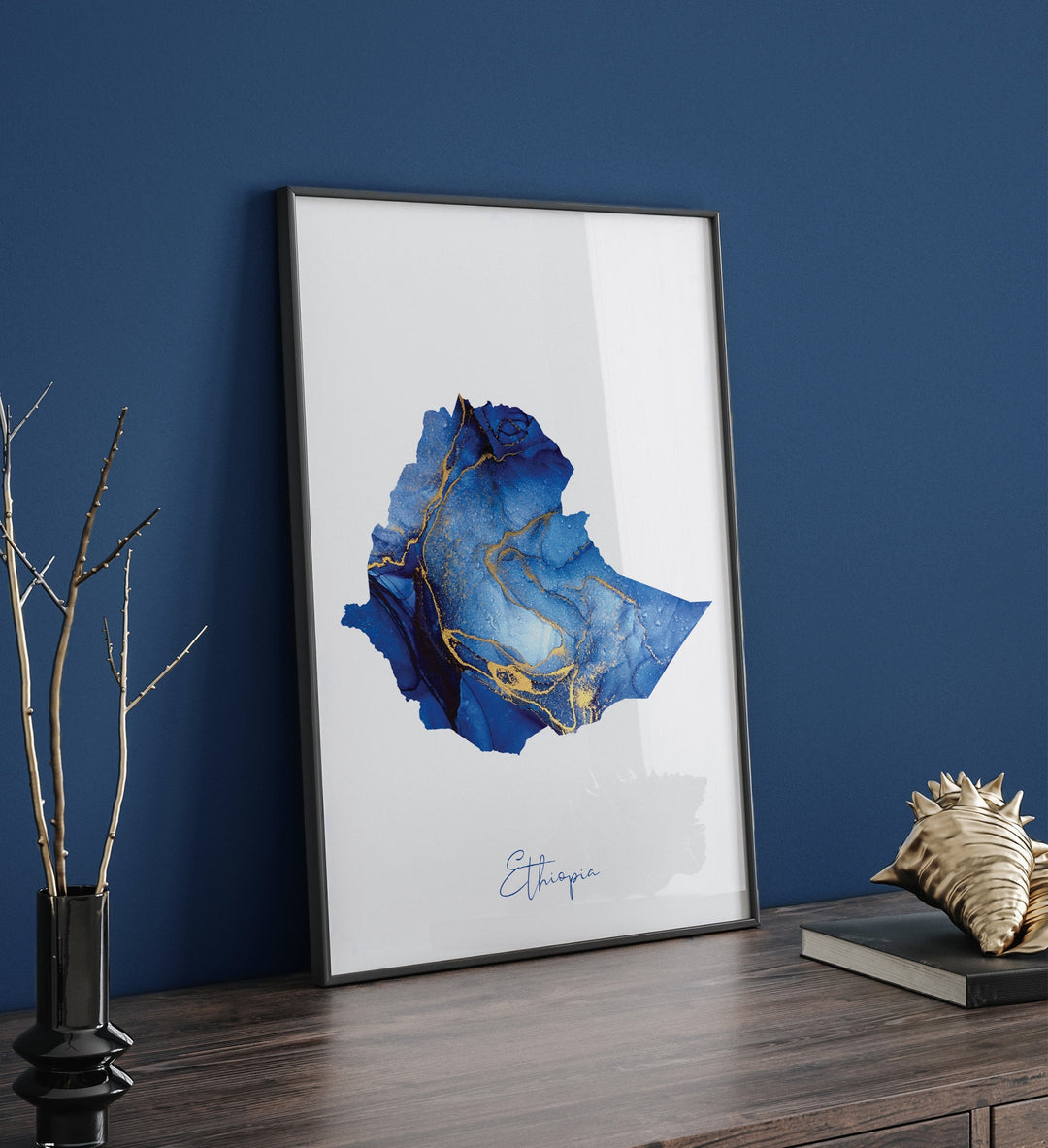 Ethiopia Map Blue and Gold Wall Art Print