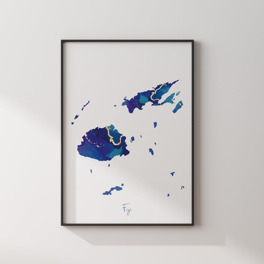 Fiji Map Blue and Gold Wall Art Print