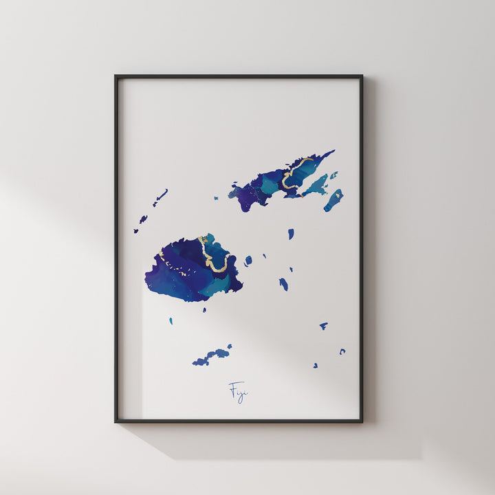 Fiji Map Blue and Gold Wall Art Print