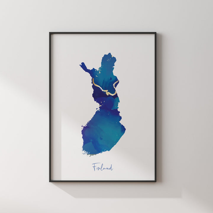 Finland Map Blue and Gold Wall Art Print