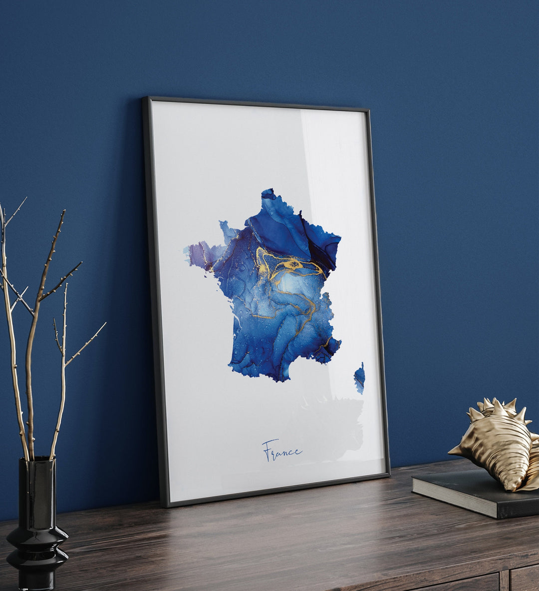 France Map Blue and Gold Wall Art Print