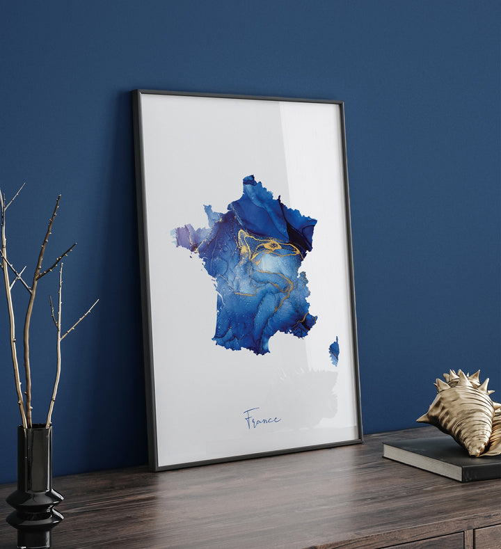 France Map Blue and Gold Wall Art Print