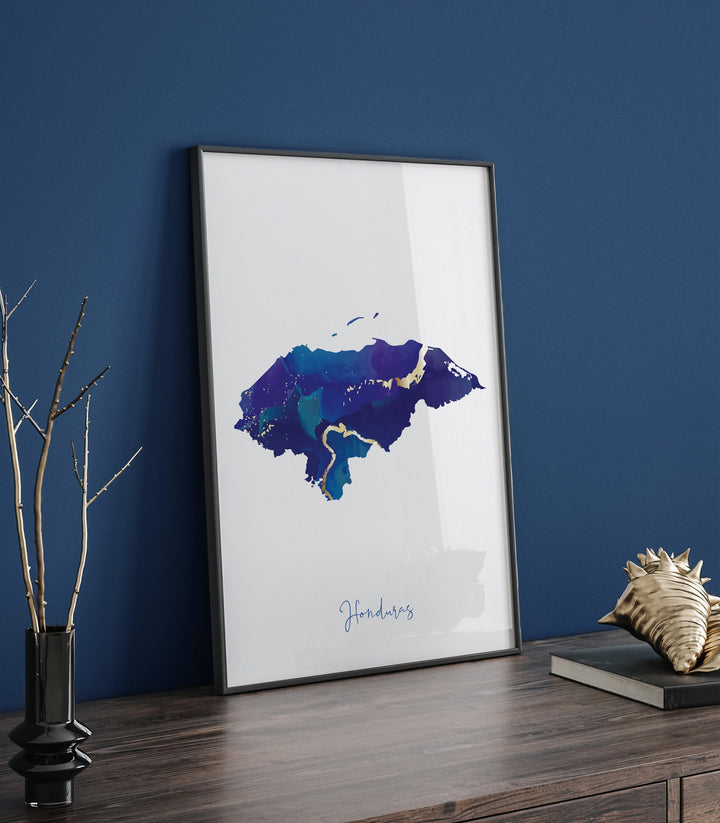 Honduras Map Blue and Gold Wall Art Print