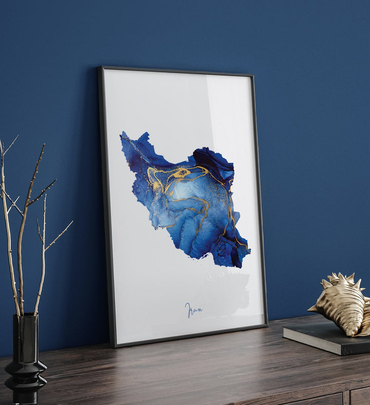 Iran Map Blue and Gold Wall Art Print