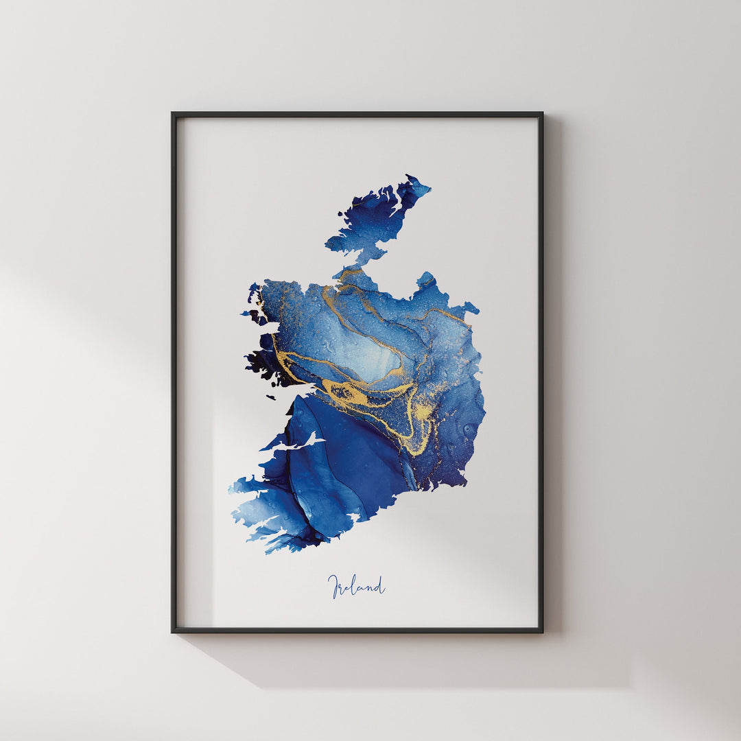 Republic of Ireland Map Blue and Gold Wall Art Print