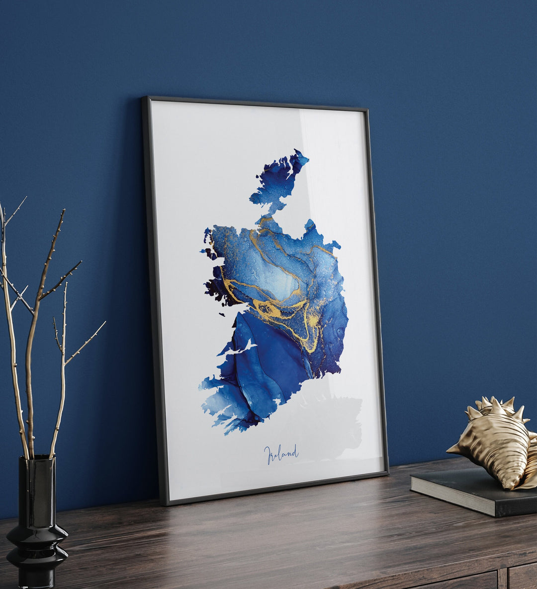 Republic of Ireland Map Blue and Gold Wall Art Print