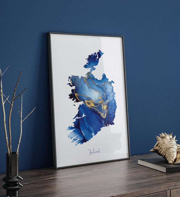 Republic of Ireland Map Blue and Gold Wall Art Print