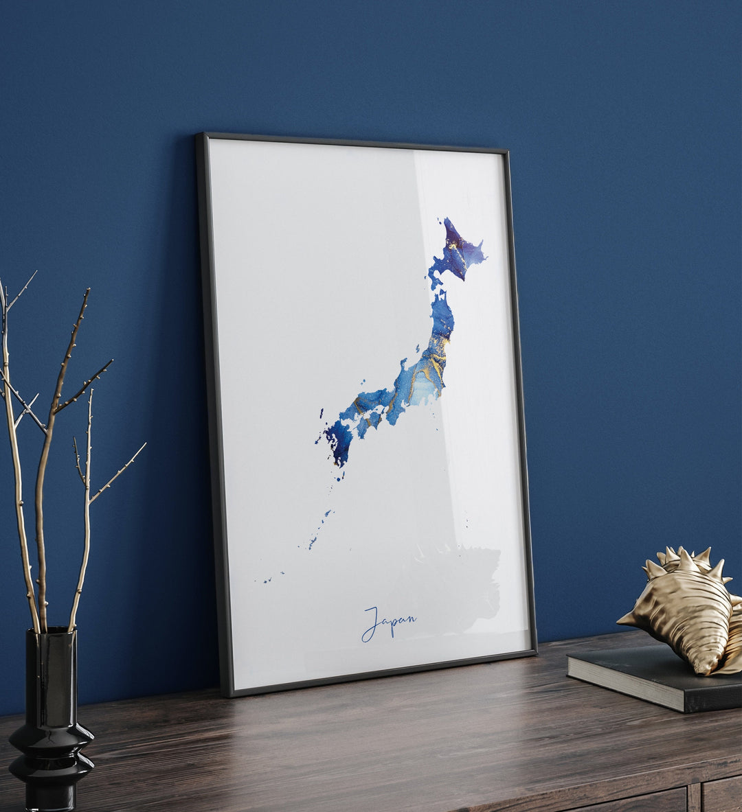 Japan Map Blue and Gold Wall Art Print