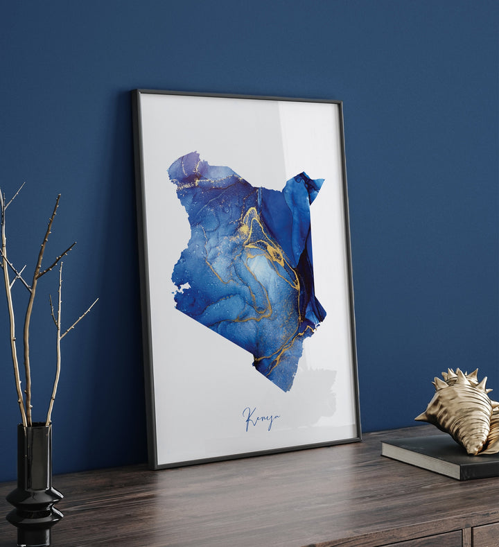 Kenya Map Blue and Gold Wall Art Print