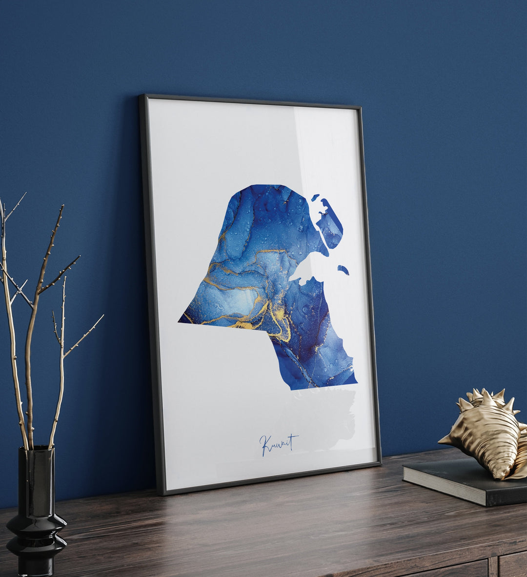 Kuwait Map Blue and Gold Wall Art Print