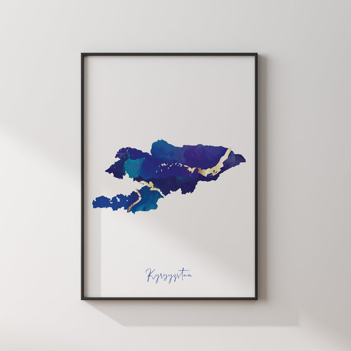 Kyrgyzstan Map Blue and Gold Wall Art Print