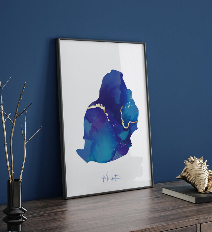 Mauritius Map Blue and Gold Wall Art Print