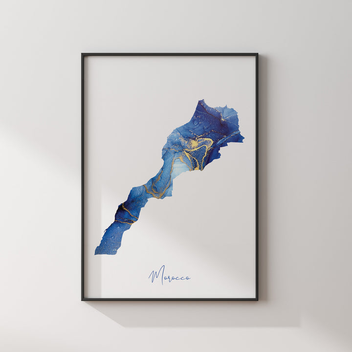 Morocco Map Blue and Gold Wall Art Print