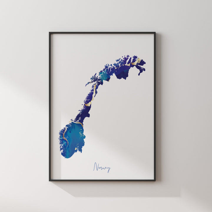 Norway Map Blue and Gold Wall Art Print