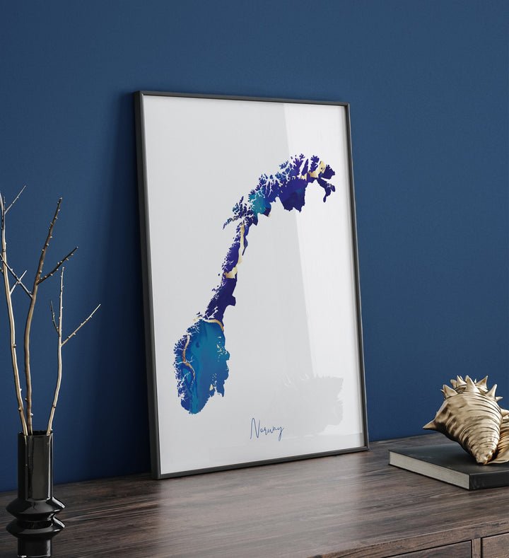 Norway Map Blue and Gold Wall Art Print