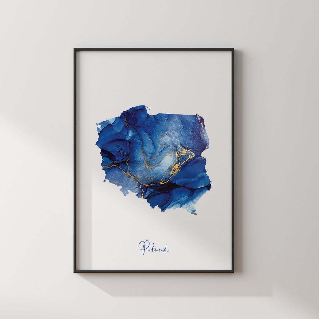 Poland Map Blue and Gold Wall Art Print