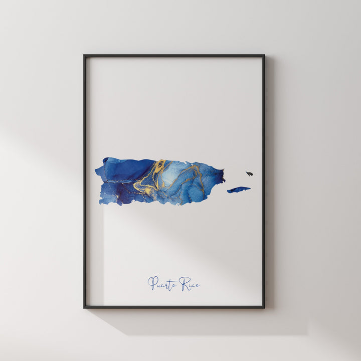 Puerto Rico Map Blue and Gold Wall Art Print
