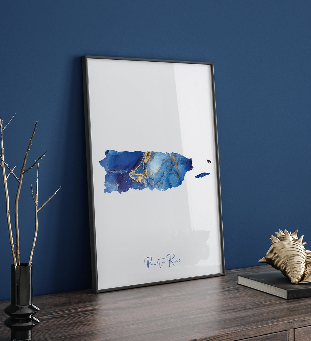 Puerto Rico Map Blue and Gold Wall Art Print