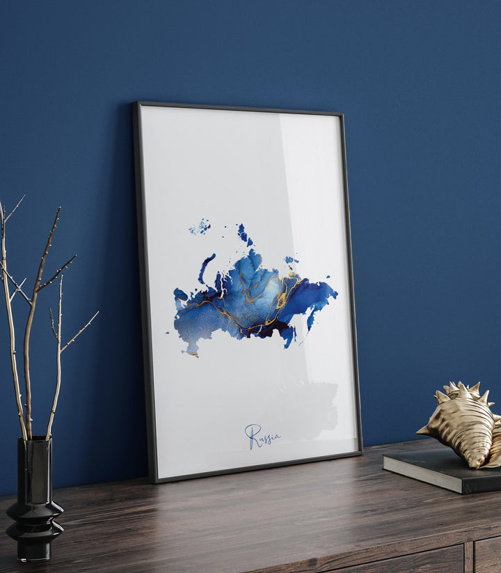 Russia Map Blue and Gold Wall Art Print