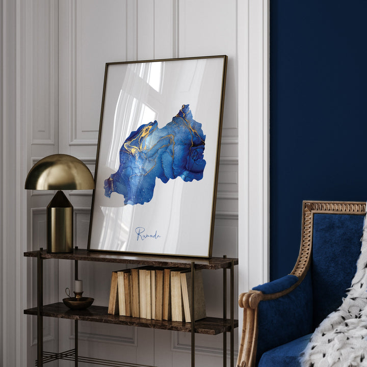 Rwanda Map Blue and Gold Wall Art Print