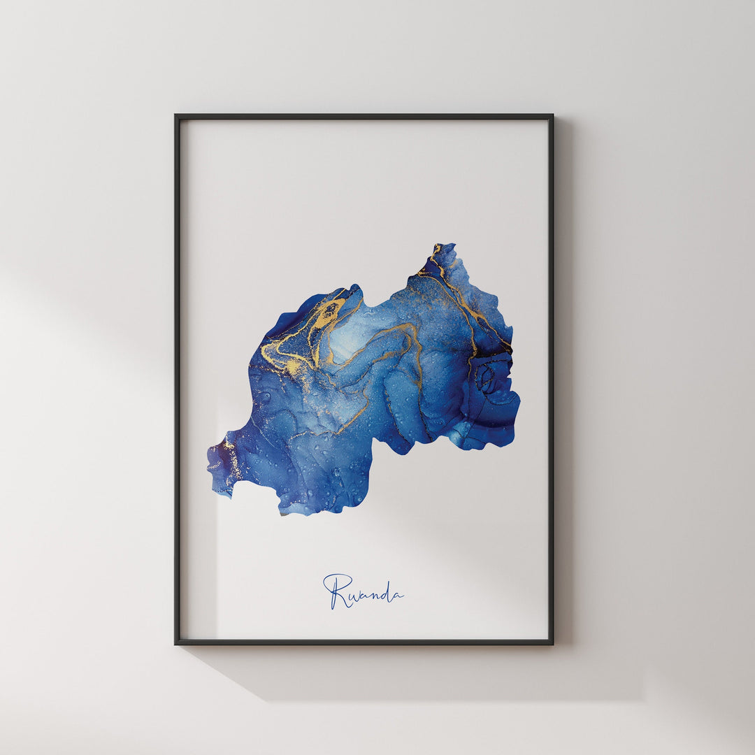 Rwanda Map Blue and Gold Wall Art Print