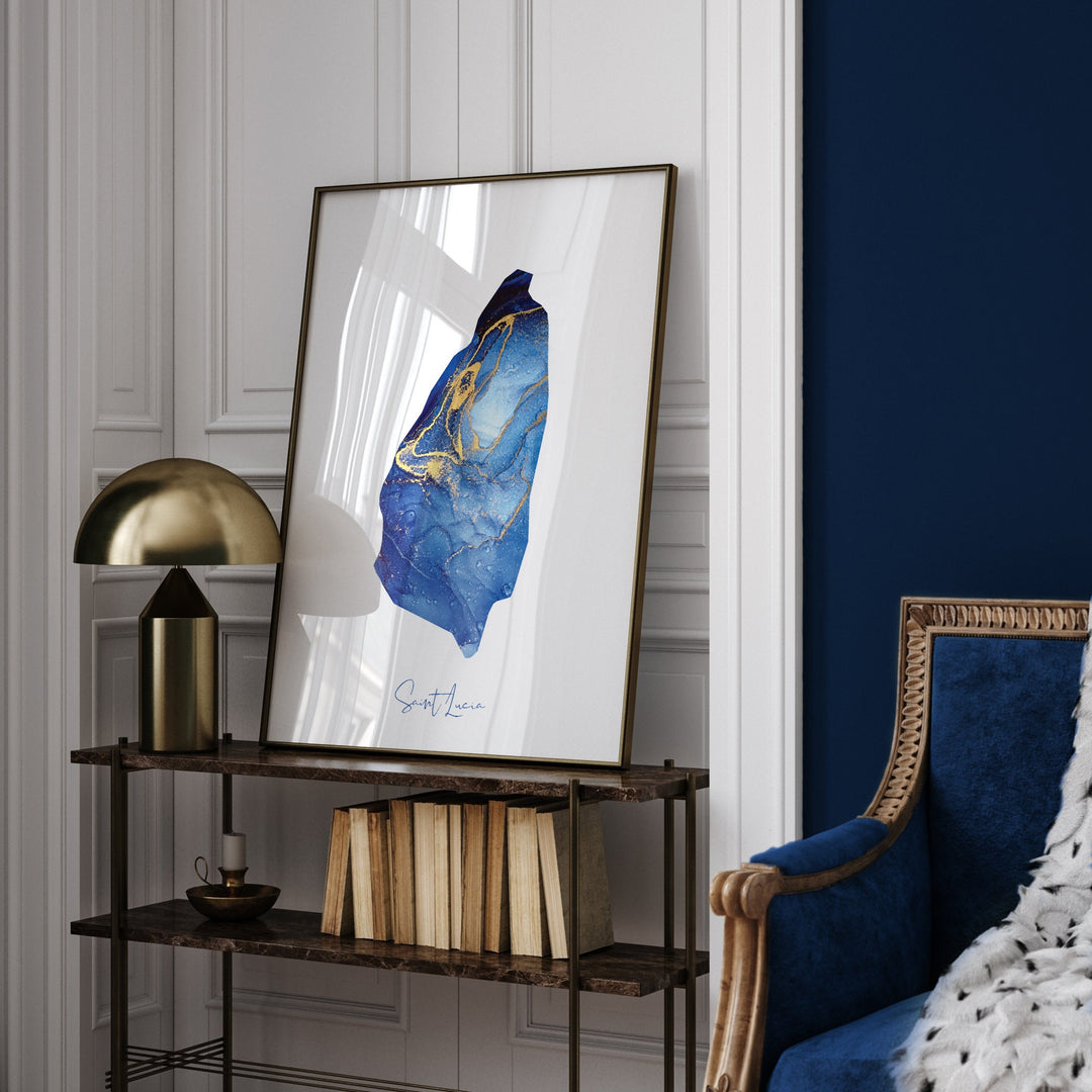 Saint Lucia Map Blue and Gold Wall Art Print