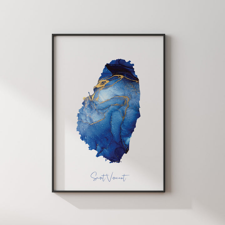 Saint Vincent Map Blue and Gold Wall Art Print