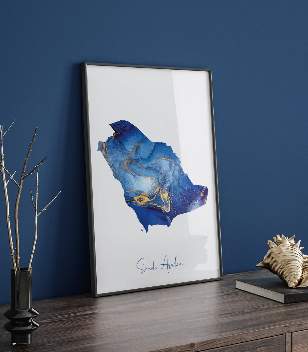 Saudi Arabia Map Blue and Gold Wall Art Print