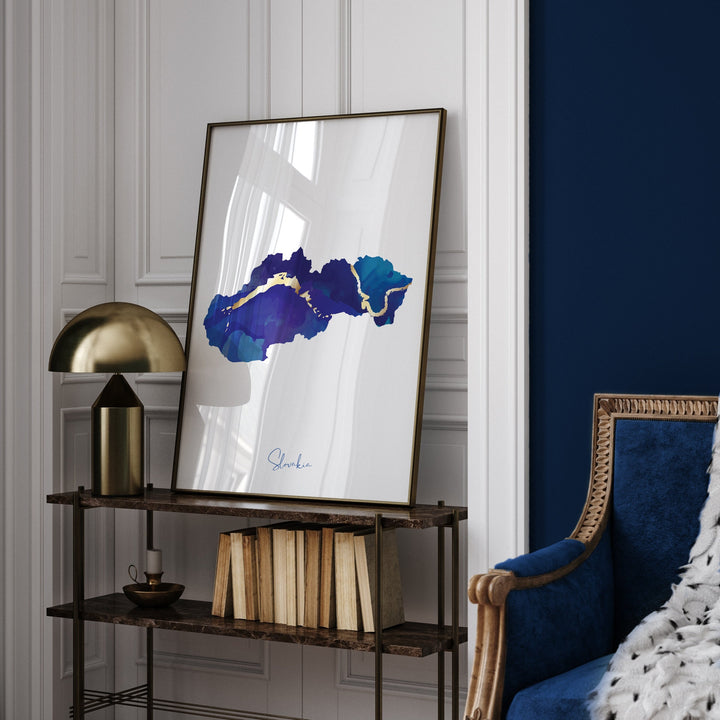 Slovakia Map Blue and Gold Wall Art Print