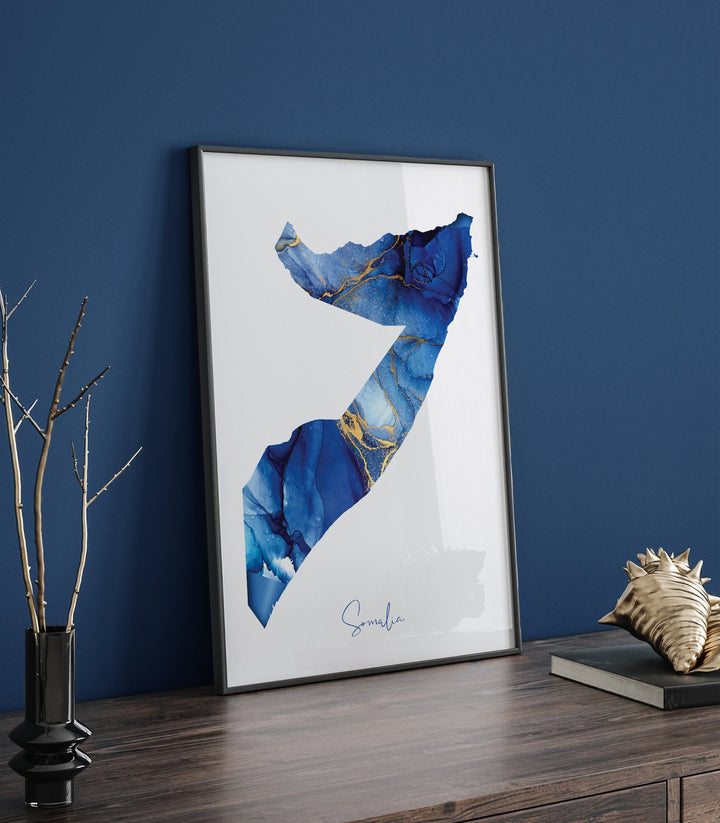 Somalia Map Blue and Gold Wall Art Print