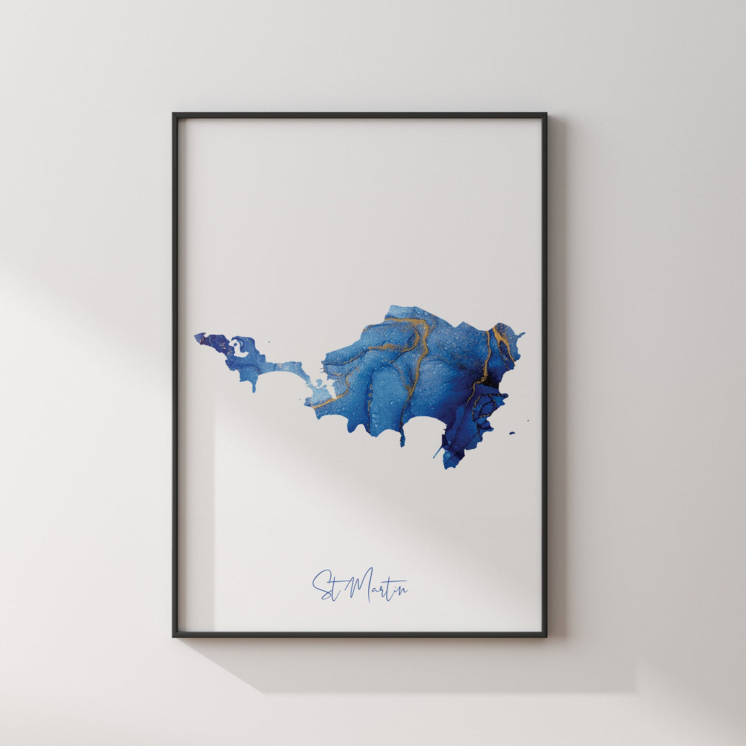 Saint Martin Map Blue and Gold Wall Art Print