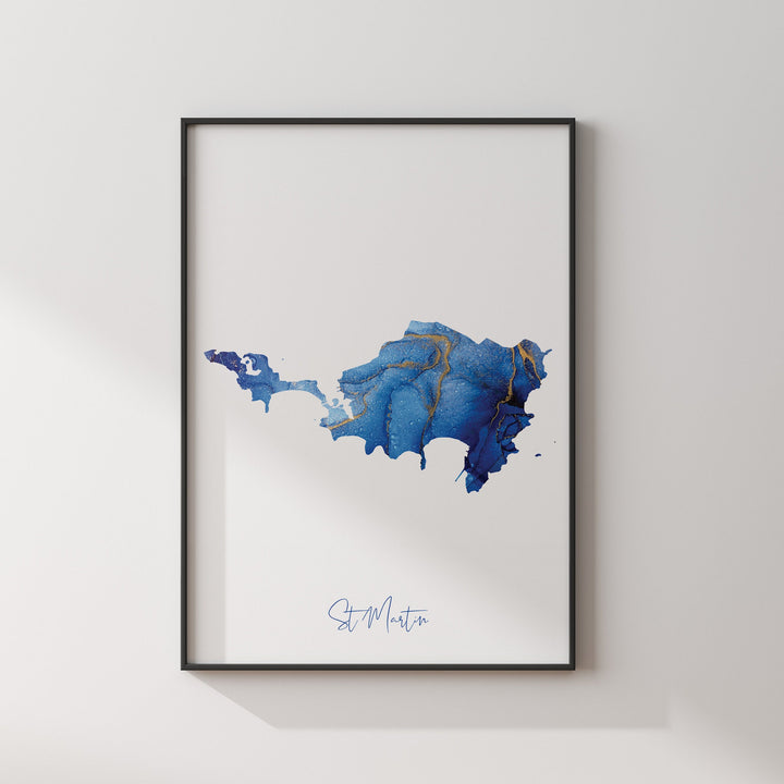 Saint Martin Map Blue and Gold Wall Art Print