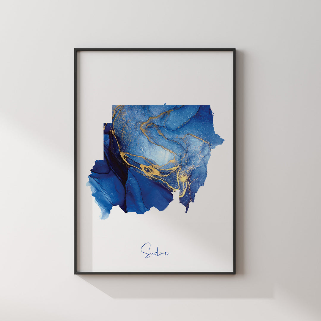 Sudan Map Blue and Gold Wall Art Print