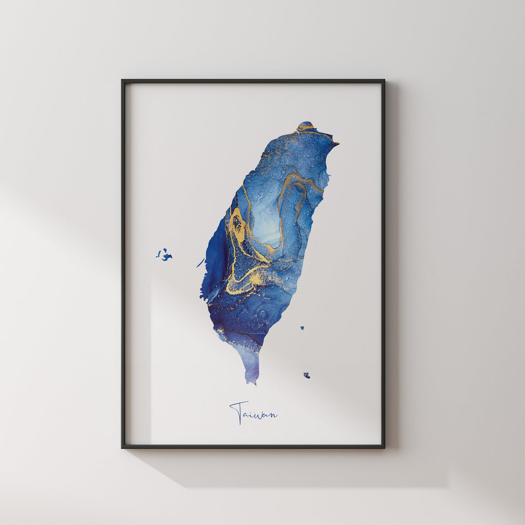 Taiwan Map Blue and Gold Wall Art Print