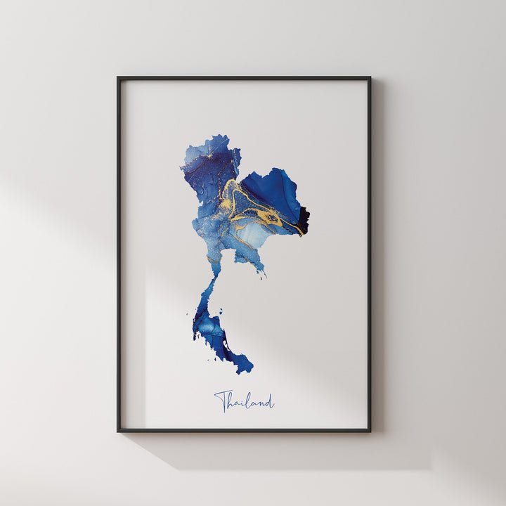 Thailand Map Blue and Gold Wall Art Print