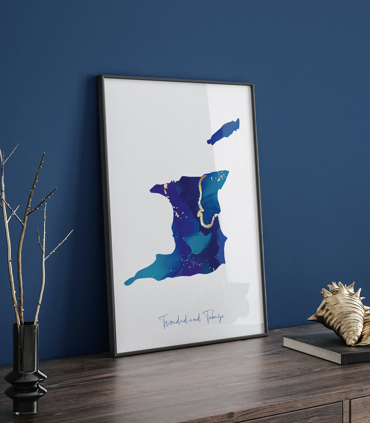 Trinidad and Tobago Map Blue and Gold Wall Art Print