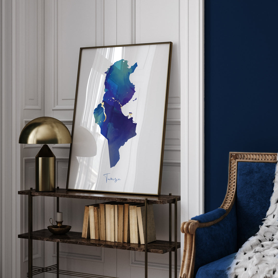 Tunisia Map Blue and Gold Wall Art Print