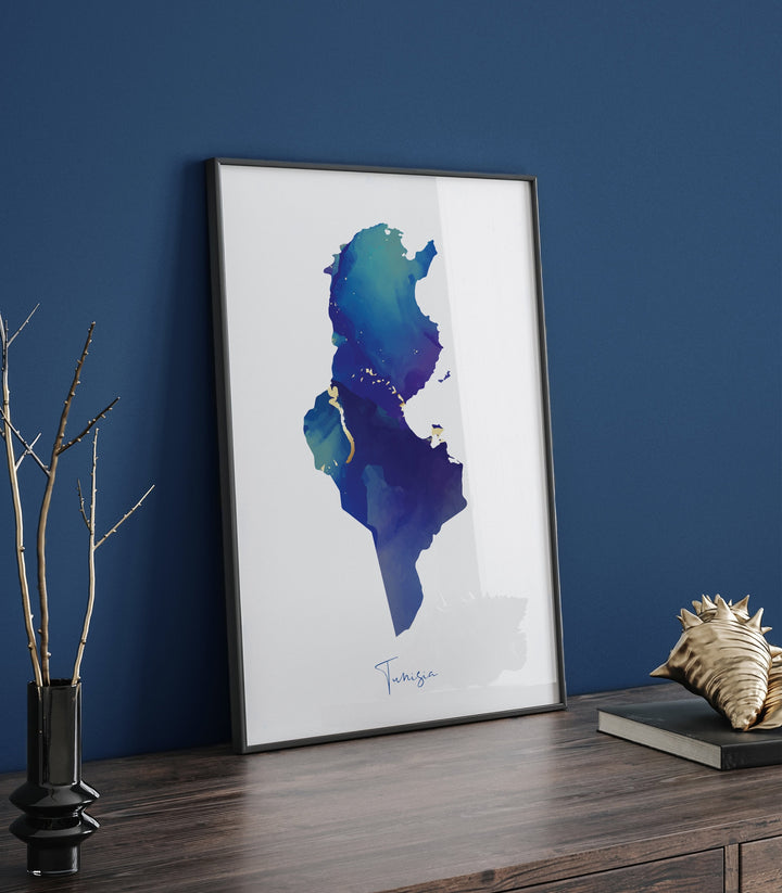 Tunisia Map Blue and Gold Wall Art Print
