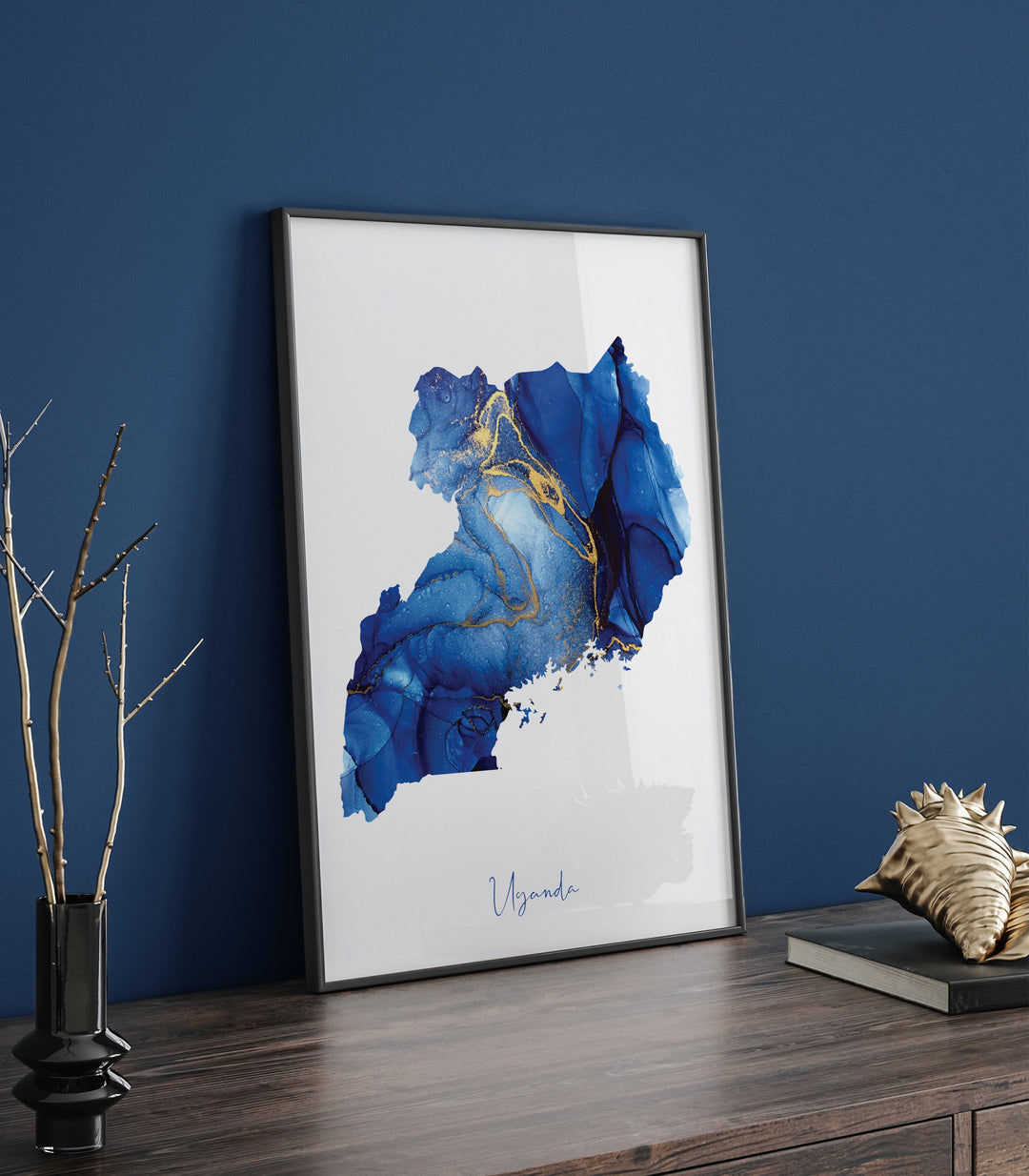 Uganda Map Blue and Gold Wall Art Print