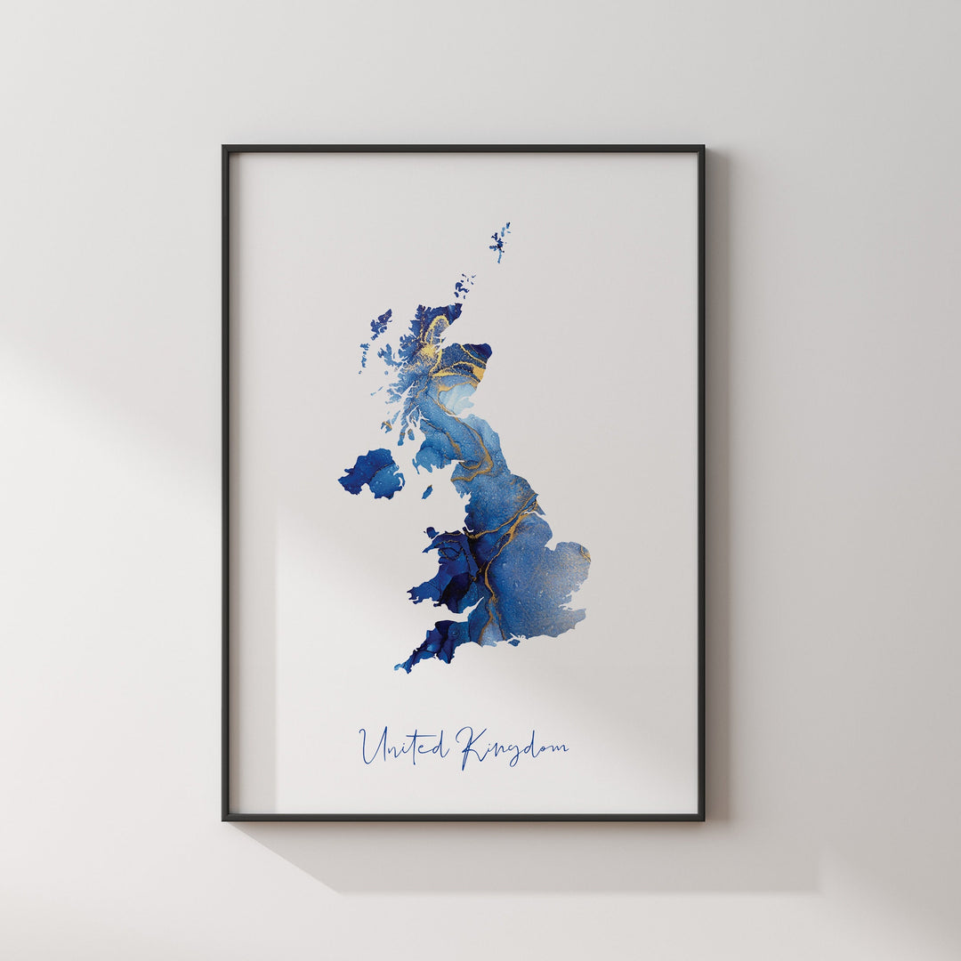 United Kingdom Map Blue and Gold Wall Art Print UK