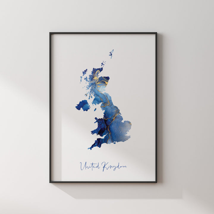 United Kingdom Map Blue and Gold Wall Art Print UK