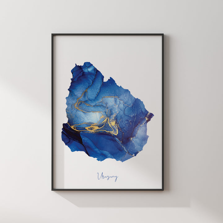 Uruguay Map Blue and Gold Wall Art Print