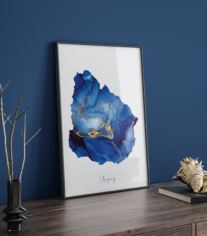 Uruguay Map Blue and Gold Wall Art Print