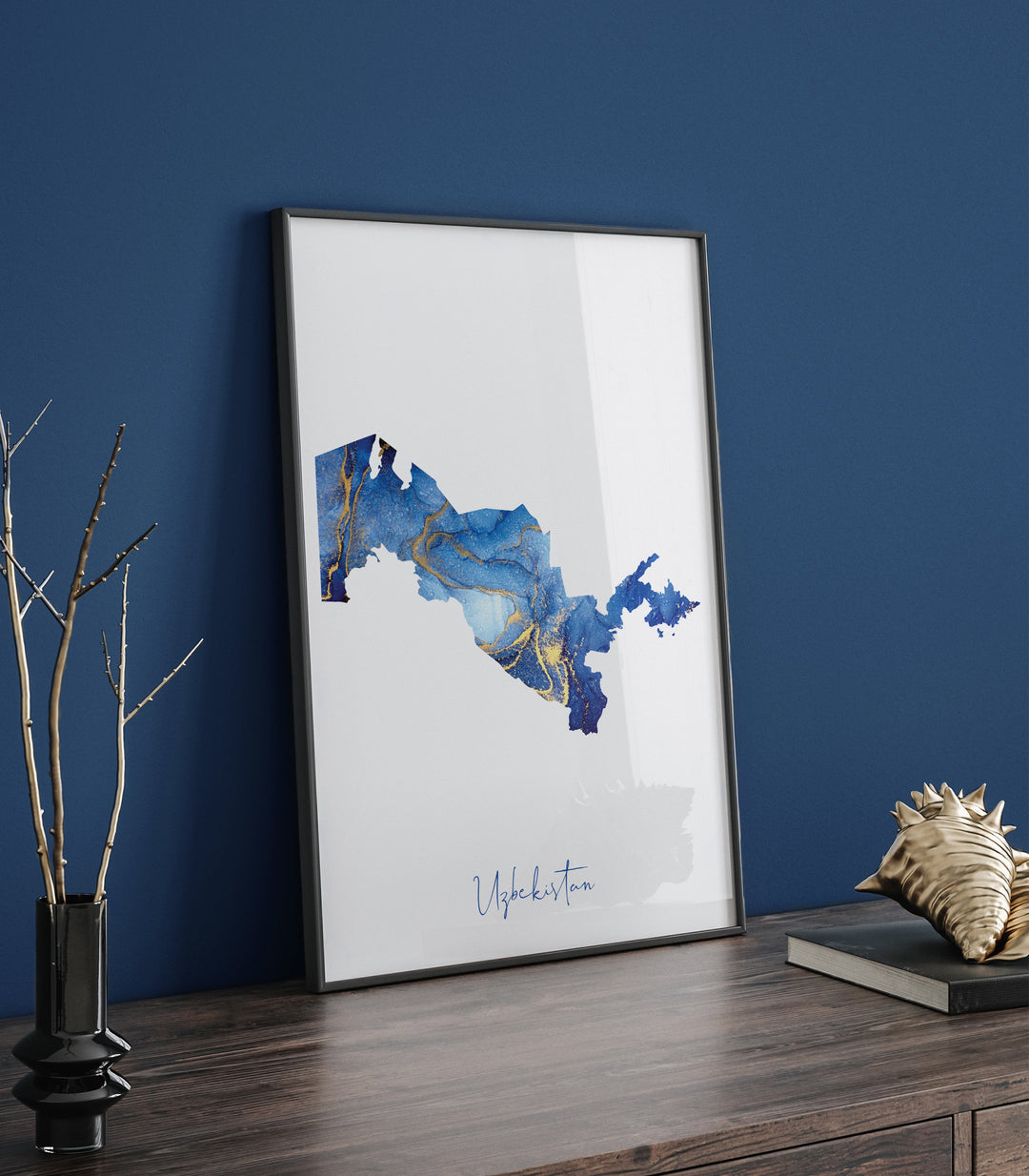 Uzbekistan Map Blue and Gold Wall Art Print