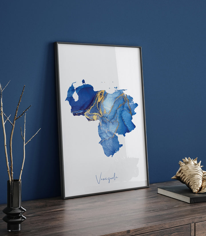 Venezuela Map Blue and Gold Wall Art Print